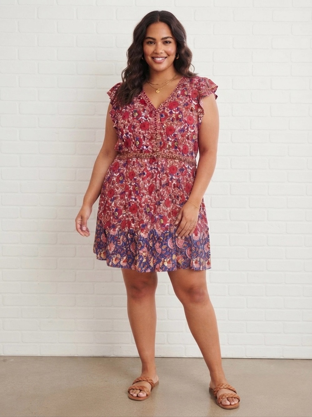 Dex Boho Floral Mini Dress Pink Flutter Sleeve V-Neck Empire Waist Plus Size 2X